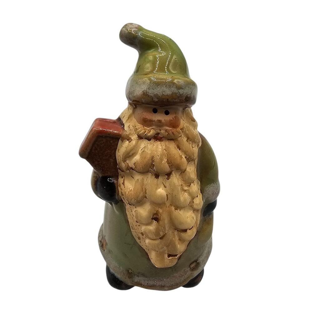 Vtg Folk Art Santa Claus Hand painted Christmas Figurine Beige Green Stoneware